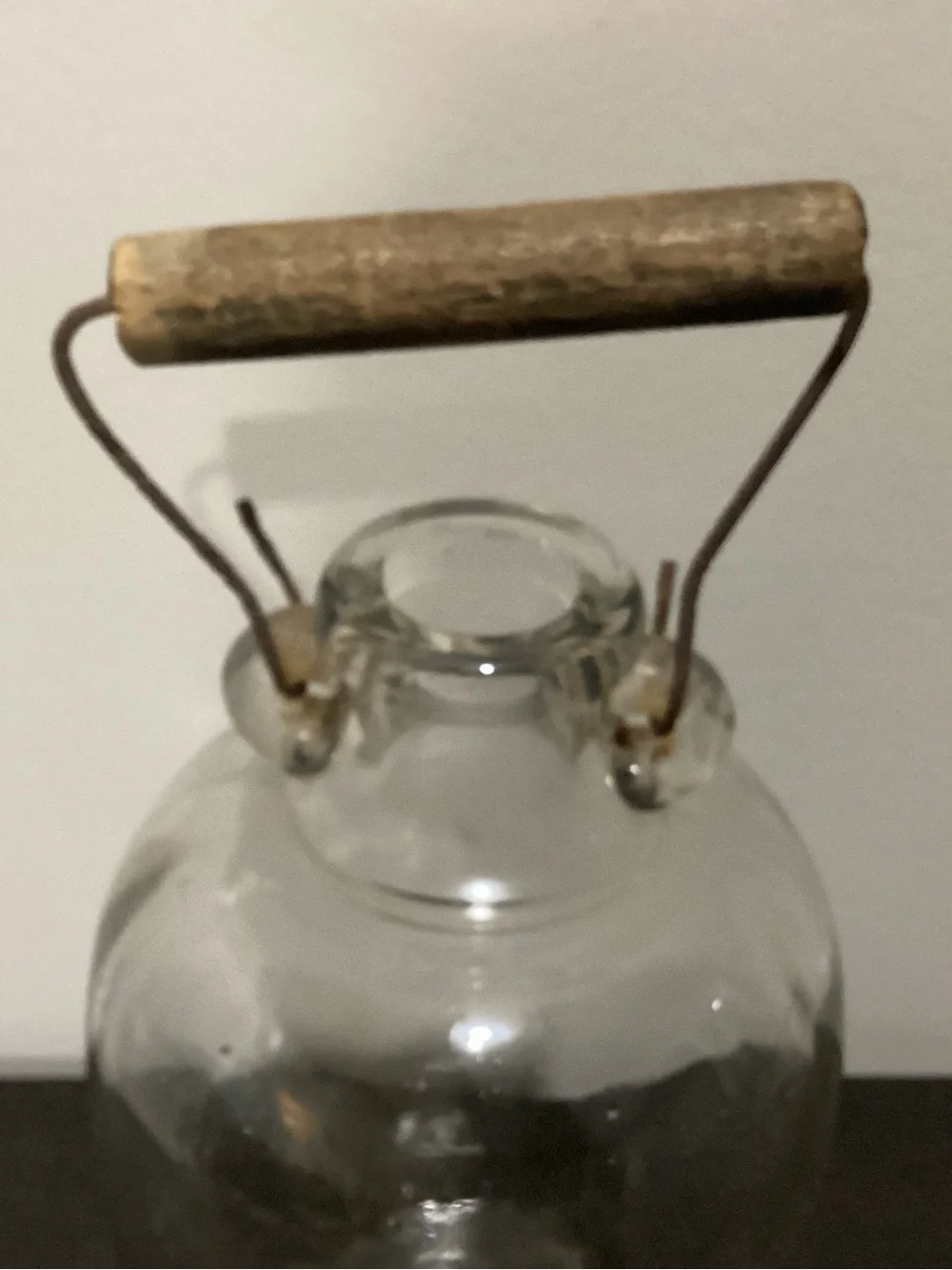 Vintage/Antique? 1 Gallon clear glass jug with traditional wire bail and wooden